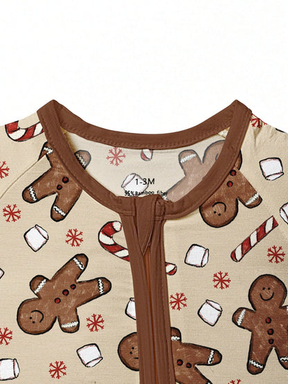 Baby Bamboo Fiber Zip-Up, Gingerbread Man Christmas Marshmallow Print Romper, All-Season Knit Fabric Skinny Fit With Zipper Detail, Baby Girl Autumn Clothes, Perfect For Outdoor Christmas Gift.