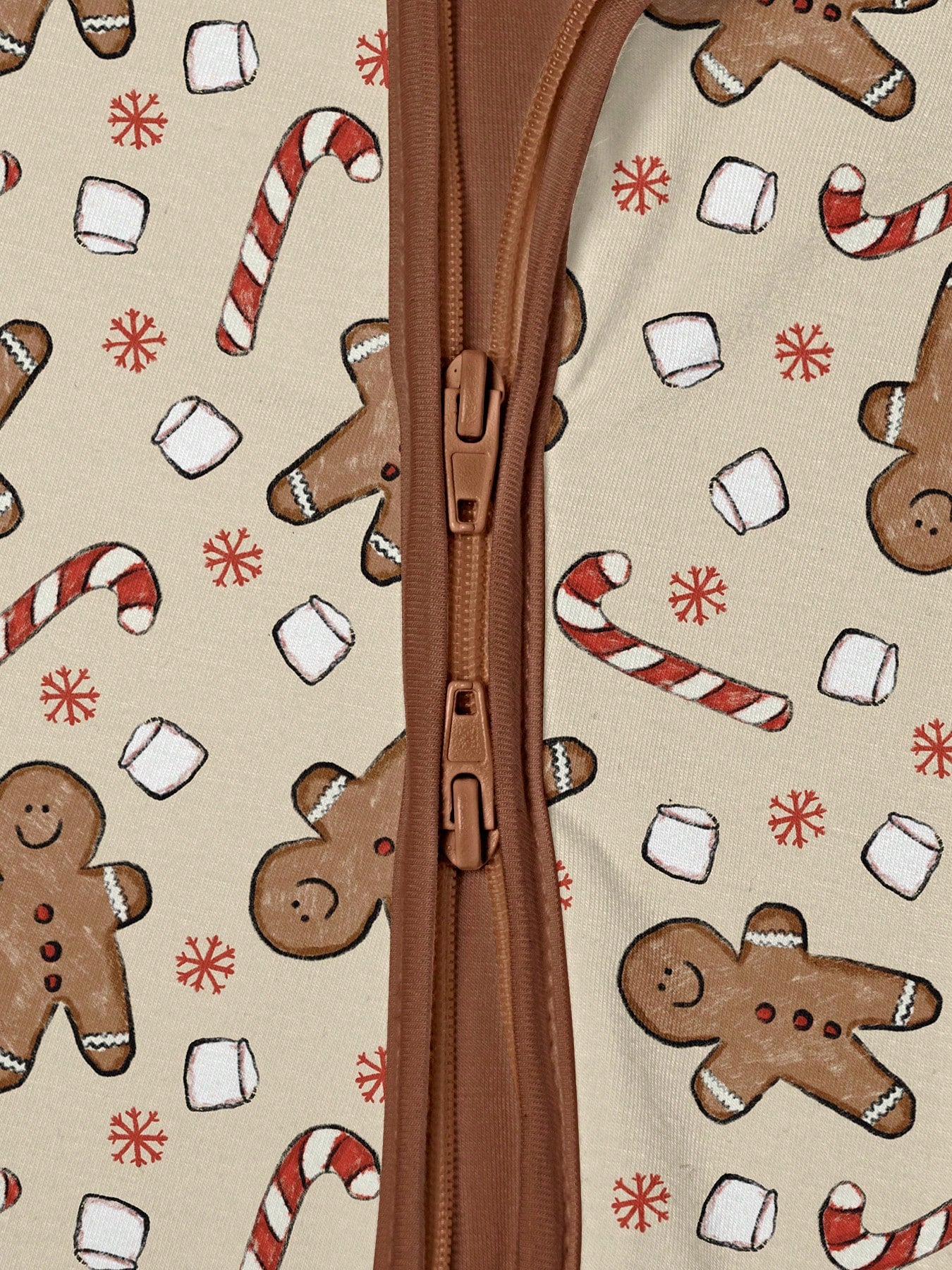 Baby Bamboo Fiber Zip-Up, Gingerbread Man Christmas Marshmallow Print Romper, All-Season Knit Fabric Skinny Fit With Zipper Detail, Baby Girl Autumn Clothes, Perfect For Outdoor Christmas Gift.