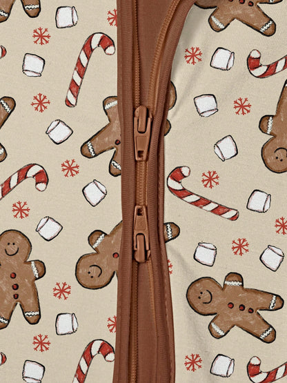 Baby Bamboo Fiber Zip-Up, Gingerbread Man Christmas Marshmallow Print Romper, All-Season Knit Fabric Skinny Fit With Zipper Detail, Baby Girl Autumn Clothes, Perfect For Outdoor Christmas Gift.