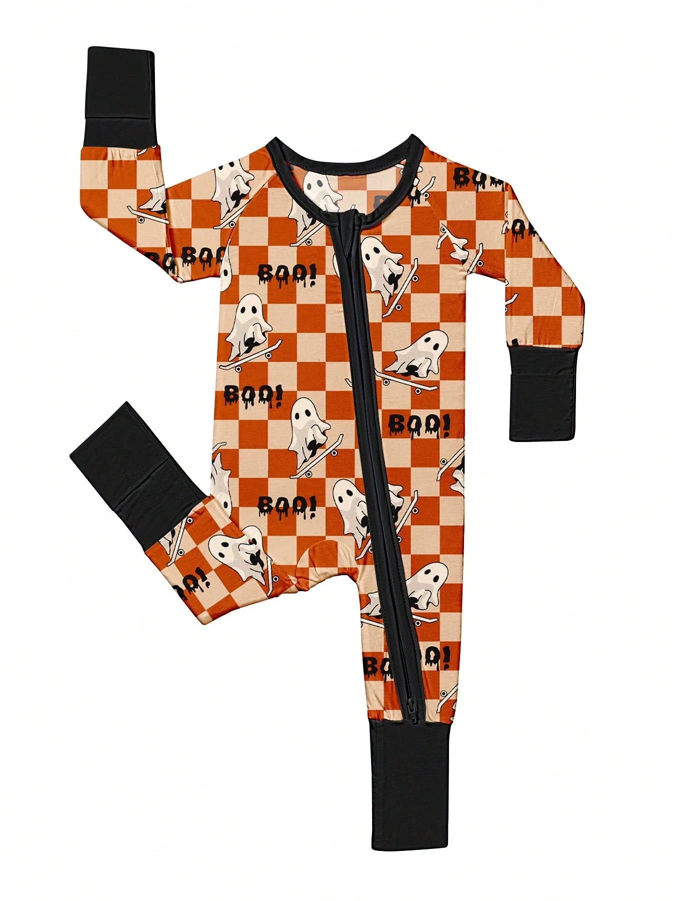 Baby Bamboo Fiber Zip-Up,Halloween BOO Print Romper, All-Season Knit Fabric Skinny Fit With Zipper Detail, Boy Baby Girl Clothes, Perfect For Outdoor