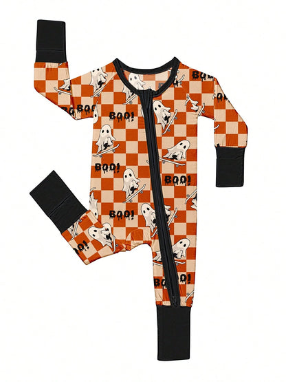 Baby Bamboo Fiber Zip-Up,Halloween BOO Print Romper, All-Season Knit Fabric Skinny Fit With Zipper Detail, Boy Baby Girl Clothes, Perfect For Outdoor