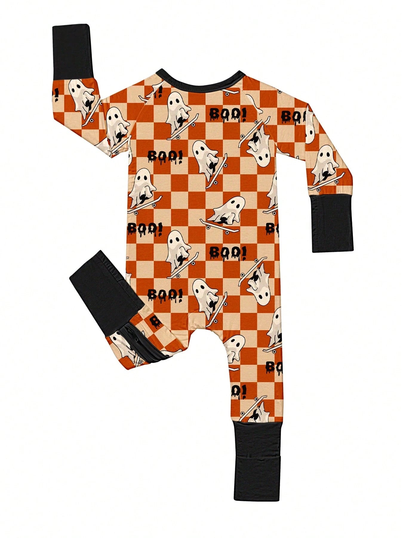 Baby Bamboo Fiber Zip-Up,Halloween BOO Print Romper, All-Season Knit Fabric Skinny Fit With Zipper Detail, Boy Baby Girl Clothes, Perfect For Outdoor