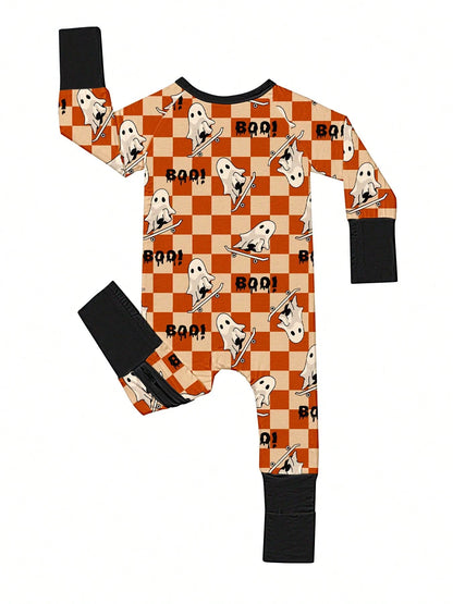 Baby Bamboo Fiber Zip-Up,Halloween BOO Print Romper, All-Season Knit Fabric Skinny Fit With Zipper Detail, Boy Baby Girl Clothes, Perfect For Outdoor