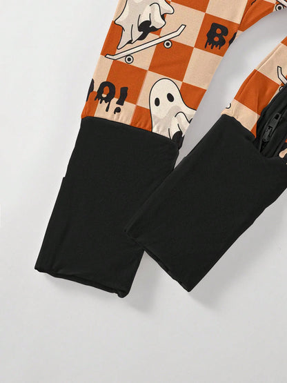 Baby Bamboo Fiber Zip-Up,Halloween BOO Print Romper, All-Season Knit Fabric Skinny Fit With Zipper Detail, Boy Baby Girl Clothes, Perfect For Outdoor
