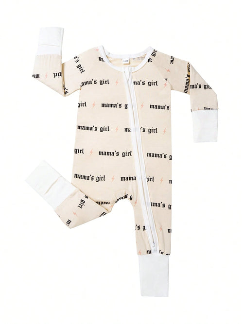 Baby Bamboo Fiber Zip-Up, Mama's Girl Print Romper, All-Season Knit Fabric Skinny Fit With Zipper Detail, Girl Baby Clothes, Perfect For Outdoor Valentine's Day Gift