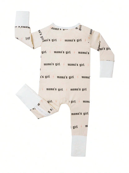 Baby Bamboo Fiber Zip-Up, Mama's Girl Print Romper, All-Season Knit Fabric Skinny Fit With Zipper Detail, Girl Baby Clothes, Perfect For Outdoor Valentine's Day Gift