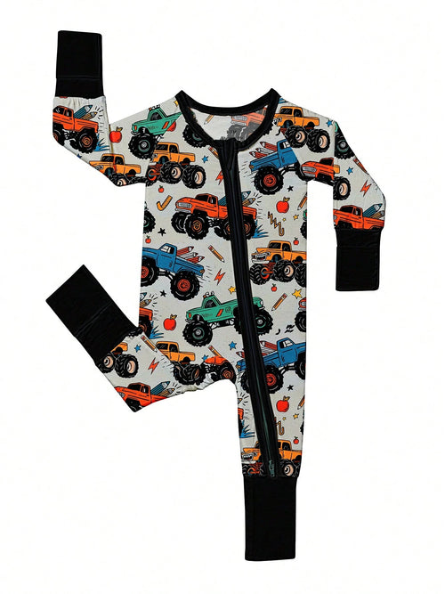 Baby Bamboo Fiber Zip-Up, Motocross Print Romper, All-Season Knit Fabric Skinny Fit With Zipper Detail, Baby Girl Autumn Clothes, Perfect For Outdoor Baby Boy Gift.