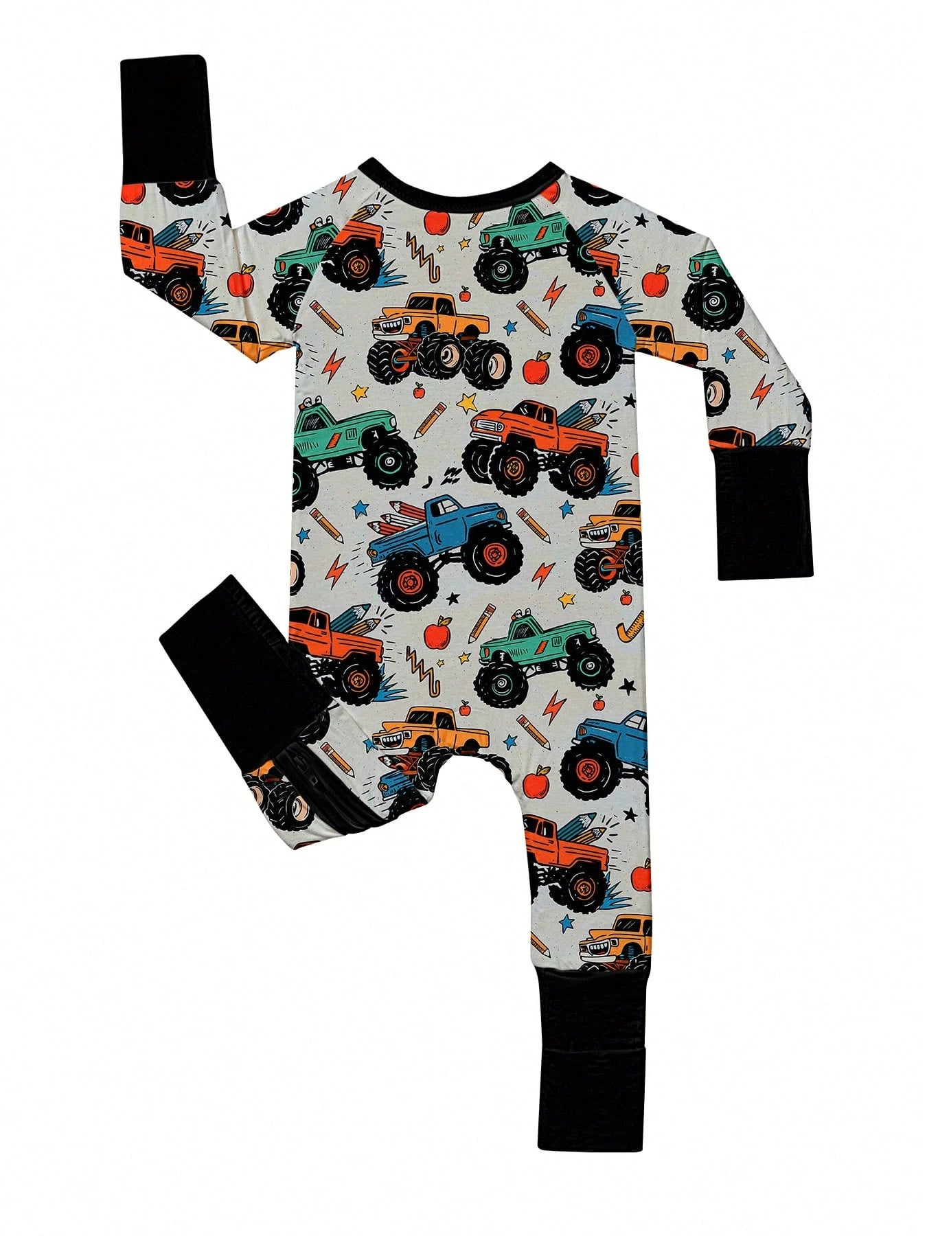 Baby Bamboo Fiber Zip-Up, Motocross Print Romper, All-Season Knit Fabric Skinny Fit With Zipper Detail, Baby Girl Autumn Clothes, Perfect For Outdoor Baby Boy Gift.