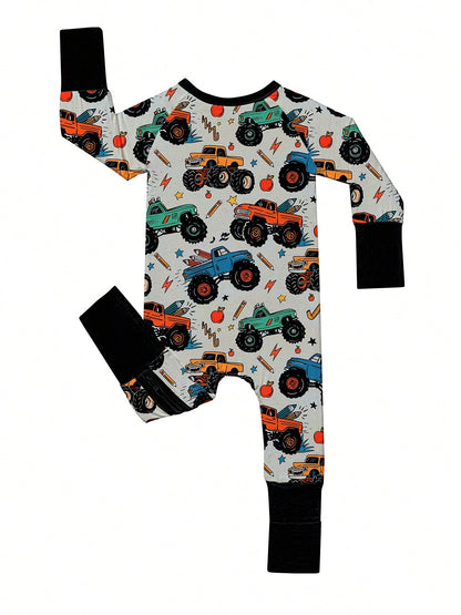 Baby Bamboo Fiber Zip-Up, Motocross Print Romper, All-Season Knit Fabric Skinny Fit With Zipper Detail, Baby Girl Autumn Clothes, Perfect For Outdoor Baby Boy Gift.