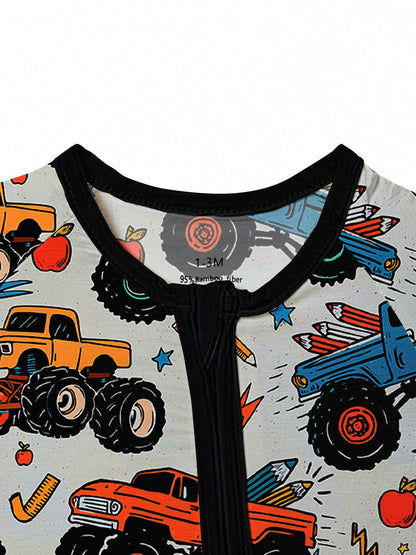 Baby Bamboo Fiber Zip-Up, Motocross Print Romper, All-Season Knit Fabric Skinny Fit With Zipper Detail, Baby Girl Autumn Clothes, Perfect For Outdoor Baby Boy Gift.