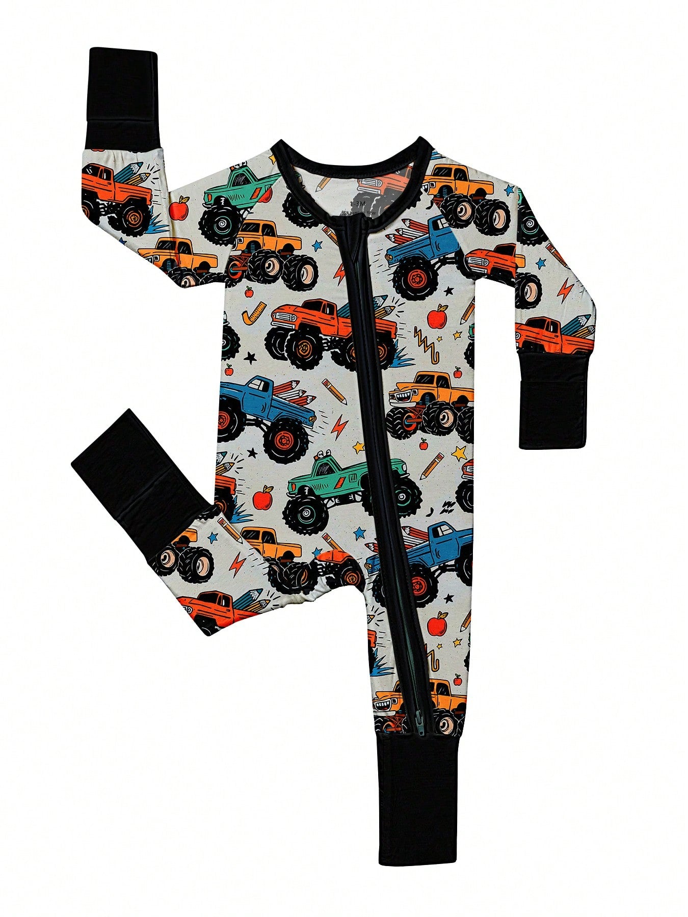 Baby Bamboo Fiber Zip-Up, Motocross Print Romper, All-Season Knit Fabric Skinny Fit With Zipper Detail, Baby Girl Autumn Clothes, Perfect For Outdoor Baby Boy Gift.