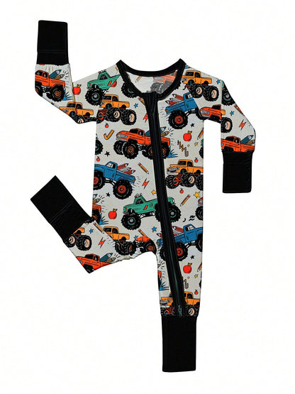 Baby Bamboo Fiber Zip-Up, Motocross Print Romper, All-Season Knit Fabric Skinny Fit With Zipper Detail, Baby Girl Autumn Clothes, Perfect For Outdoor Baby Boy Gift.