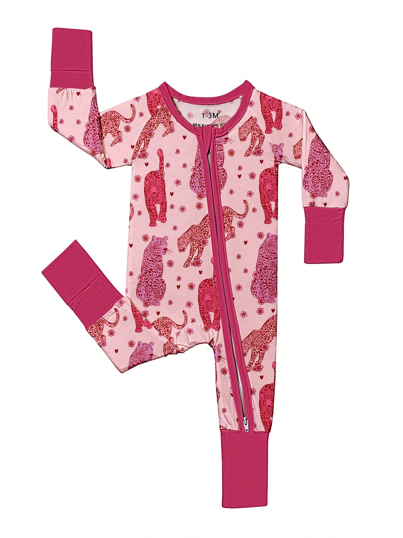 Baby Bamboo Fiber Zip-Up, Rose Red Leopard Print Romper, All-Season Knit Fabric Skinny Fit With Zipper Detail, Baby Girl Autumn Clothes, Perfect For Outdoor Christmas Gift.