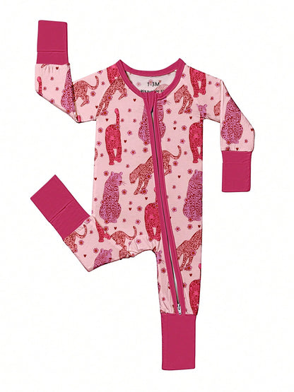 Baby Bamboo Fiber Zip-Up, Rose Red Leopard Print Romper, All-Season Knit Fabric Skinny Fit With Zipper Detail, Baby Girl Autumn Clothes, Perfect For Outdoor Christmas Gift.
