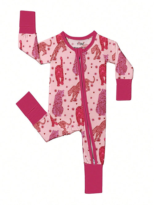 Baby Bamboo Fiber Zip-Up, Rose Red Leopard Print Romper, All-Season Knit Fabric Skinny Fit With Zipper Detail, Baby Girl Autumn Clothes, Perfect For Outdoor Christmas Gift.