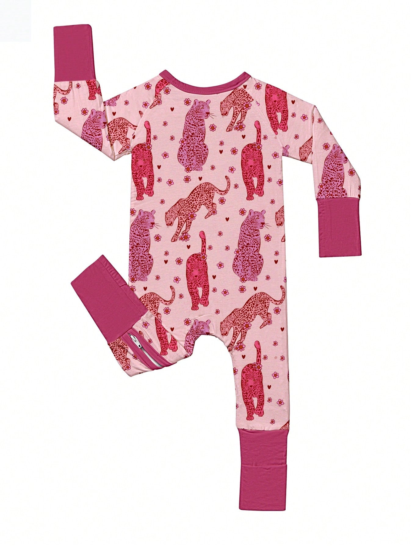 Baby Bamboo Fiber Zip-Up, Rose Red Leopard Print Romper, All-Season Knit Fabric Skinny Fit With Zipper Detail, Baby Girl Autumn Clothes, Perfect For Outdoor Christmas Gift.
