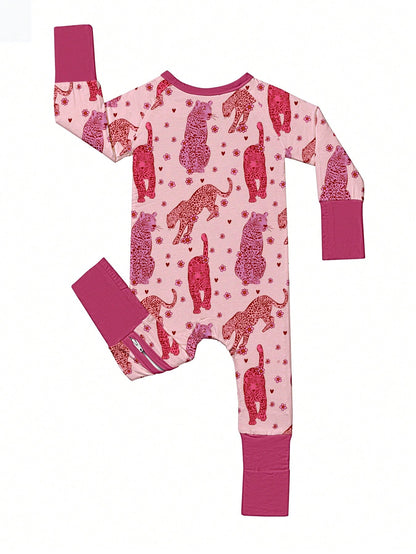 Baby Bamboo Fiber Zip-Up, Rose Red Leopard Print Romper, All-Season Knit Fabric Skinny Fit With Zipper Detail, Baby Girl Autumn Clothes, Perfect For Outdoor Christmas Gift.