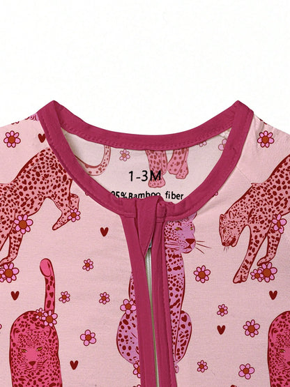 Baby Bamboo Fiber Zip-Up, Rose Red Leopard Print Romper, All-Season Knit Fabric Skinny Fit With Zipper Detail, Baby Girl Autumn Clothes, Perfect For Outdoor Christmas Gift.