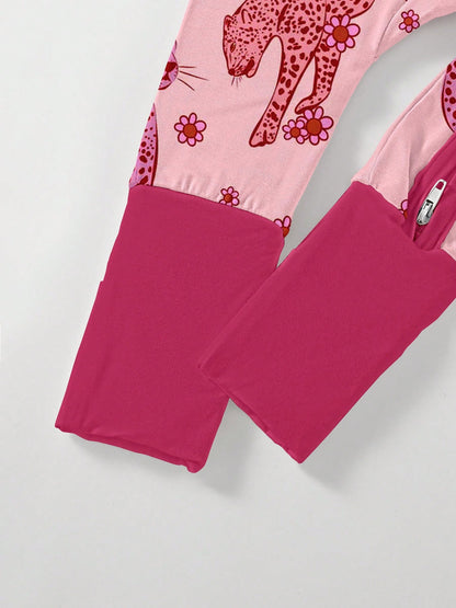 Baby Bamboo Fiber Zip-Up, Rose Red Leopard Print Romper, All-Season Knit Fabric Skinny Fit With Zipper Detail, Baby Girl Autumn Clothes, Perfect For Outdoor Christmas Gift.