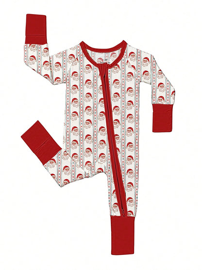 Baby Bamboo Fiber Zip-Up, Santa Claus Print Romper, All-Season Knit Fabric Skinny Fit With Zipper Detail, Baby Girl Boy Autumn Clothes, Perfect For Outdoor Christmas Gift.