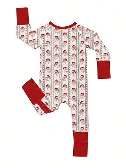 Baby Bamboo Fiber Zip-Up, Santa Claus Print Romper, All-Season Knit Fabric Skinny Fit With Zipper Detail, Baby Girl Boy Autumn Clothes, Perfect For Outdoor Christmas Gift.