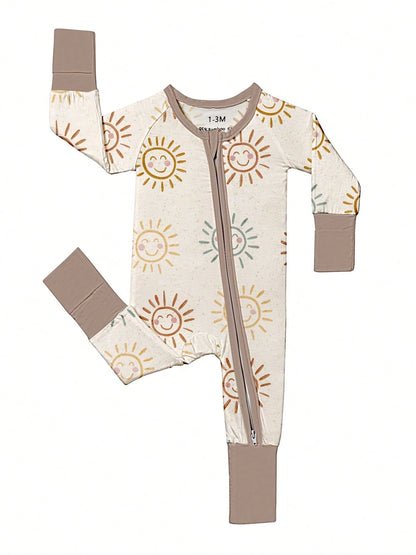 Baby Bamboo Fiber Zip-Up, Sunshine Print Romper, All-Season Knit Fabric Skinny Fit With Zipper Detail, Boy Baby Girl Clothes, Perfect For Outdoor