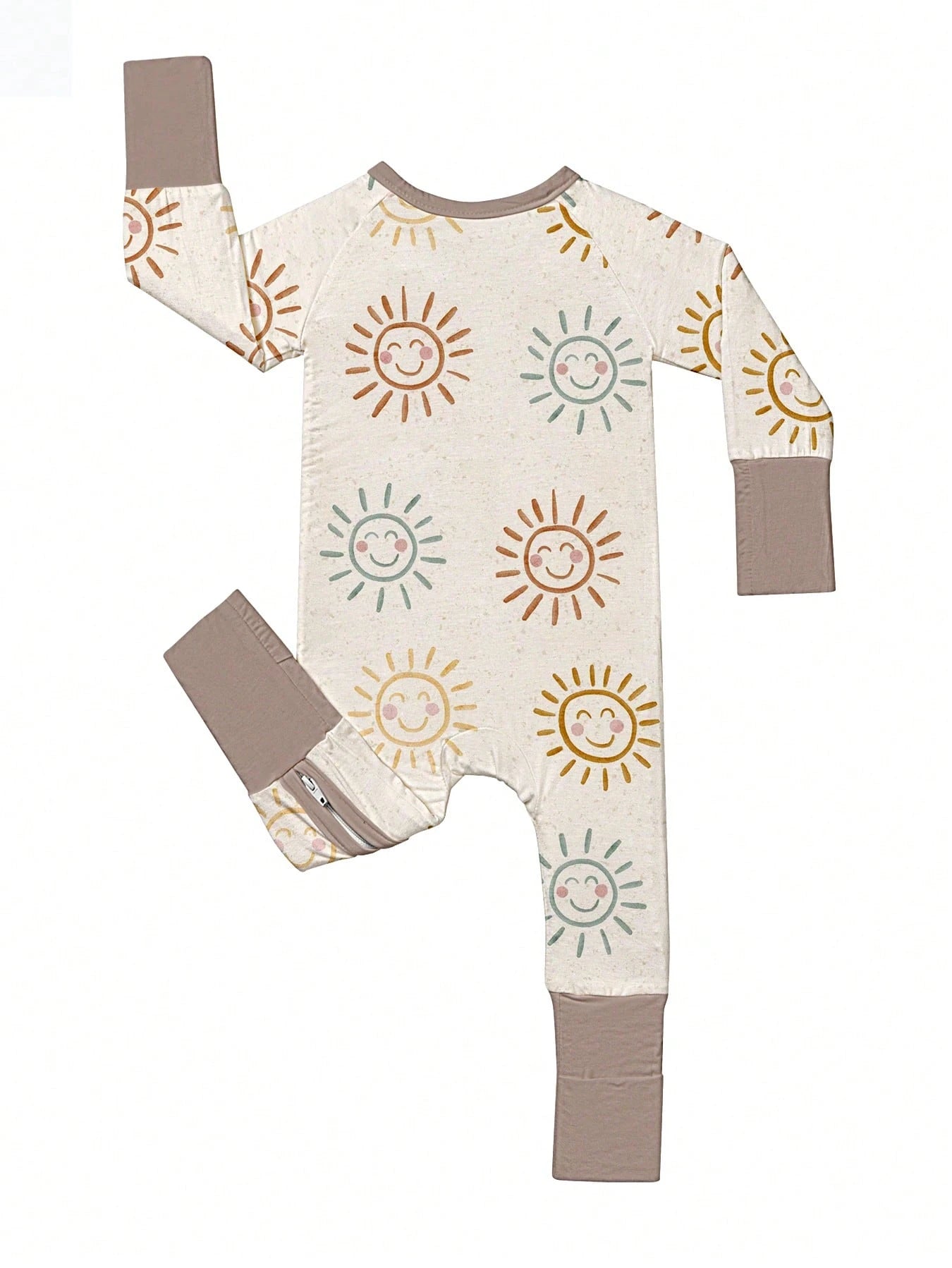 Baby Bamboo Fiber Zip-Up, Sunshine Print Romper, All-Season Knit Fabric Skinny Fit With Zipper Detail, Boy Baby Girl Clothes, Perfect For Outdoor