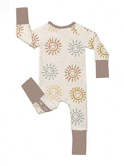 Baby Bamboo Fiber Zip-Up, Sunshine Print Romper, All-Season Knit Fabric Skinny Fit With Zipper Detail, Boy Baby Girl Clothes, Perfect For Outdoor