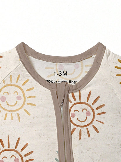Baby Bamboo Fiber Zip-Up, Sunshine Print Romper, All-Season Knit Fabric Skinny Fit With Zipper Detail, Boy Baby Girl Clothes, Perfect For Outdoor