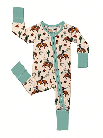 Baby Bamboo Fiber Zip-Up, Western Cowboy Print Romper, All-Season Knit Fabric Skinny Fit With Zipper Detail, Boy Baby Girl Clothes, Perfect For Outdoor