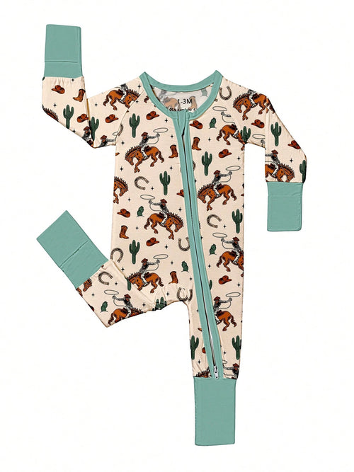 Baby Bamboo Fiber Zip-Up, Western Cowboy Print Romper, All-Season Knit Fabric Skinny Fit With Zipper Detail, Boy Baby Girl Clothes, Perfect For Outdoor