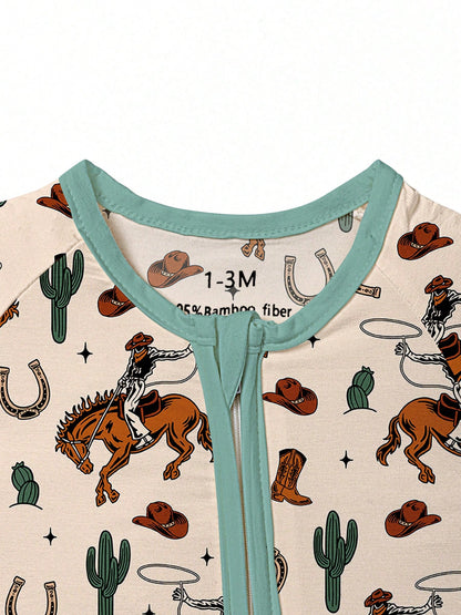 Baby Bamboo Fiber Zip-Up, Western Cowboy Print Romper, All-Season Knit Fabric Skinny Fit With Zipper Detail, Boy Baby Girl Clothes, Perfect For Outdoor