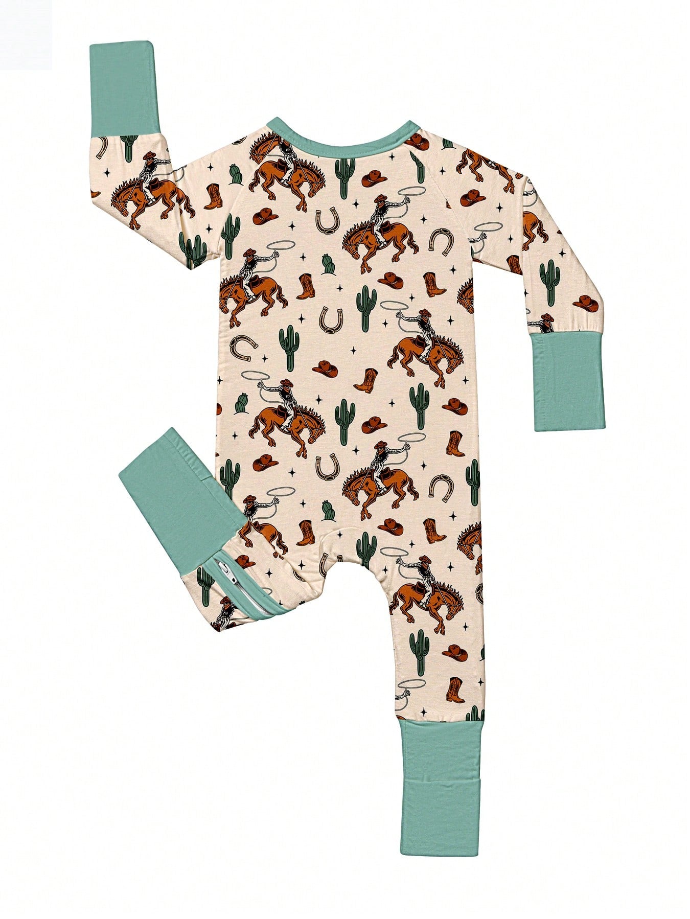 Baby Bamboo Fiber Zip-Up, Western Cowboy Print Romper, All-Season Knit Fabric Skinny Fit With Zipper Detail, Boy Baby Girl Clothes, Perfect For Outdoor