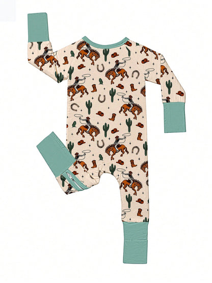 Baby Bamboo Fiber Zip-Up, Western Cowboy Print Romper, All-Season Knit Fabric Skinny Fit With Zipper Detail, Boy Baby Girl Clothes, Perfect For Outdoor