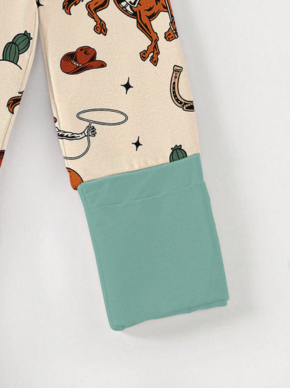 Baby Bamboo Fiber Zip-Up, Western Cowboy Print Romper, All-Season Knit Fabric Skinny Fit With Zipper Detail, Boy Baby Girl Clothes, Perfect For Outdoor