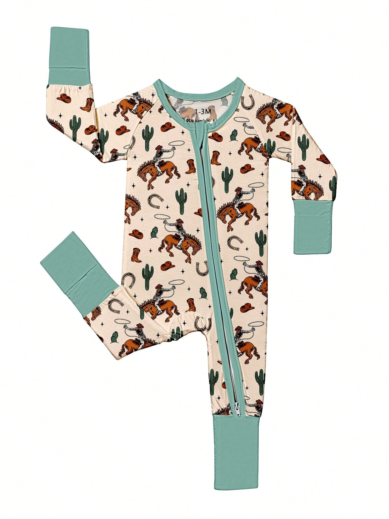 Baby Bamboo Fiber Zip-Up, Western Cowboy Print Romper, All-Season Knit Fabric Skinny Fit With Zipper Detail, Boy Baby Girl Clothes, Perfect For Outdoor
