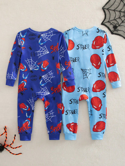 Baby Boy Autumn/Winter Knitted Fun Tech Robot Blue Colorblock 2-Piece Set, Fitted Crew Neck Zip-Up Long Sleeve Long Jumpsuit Loungewear