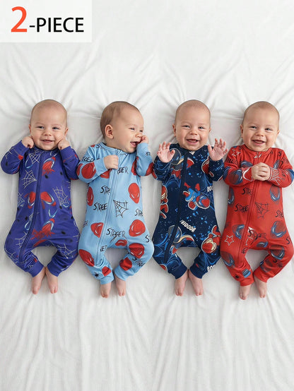 Baby Boy Autumn/Winter Knitted Fun Tech Robot Blue Colorblock 2-Piece Set, Fitted Crew Neck Zip-Up Long Sleeve Long Jumpsuit Loungewear