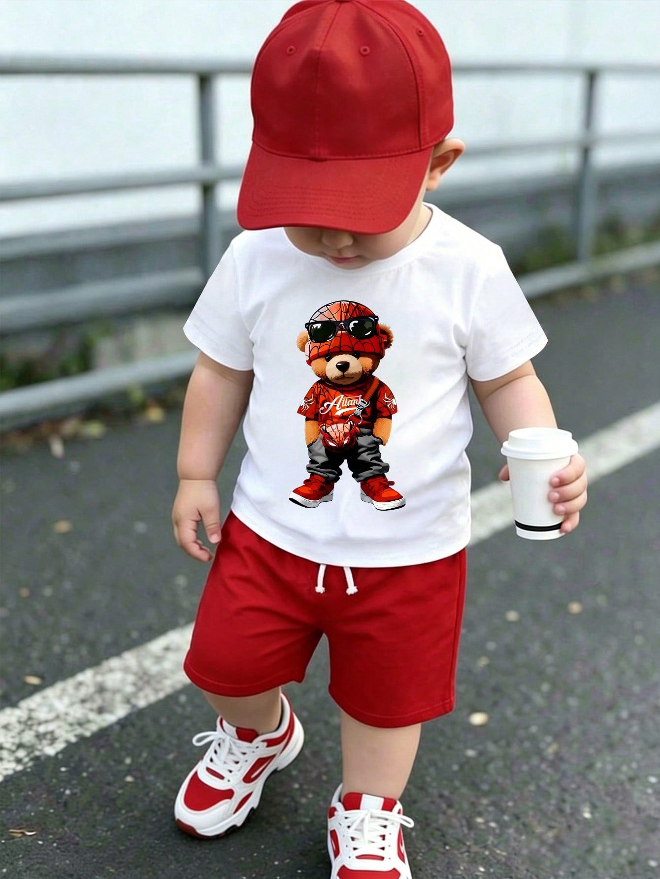 Baby Boy Cartoon Character Print Crew Neck Short Sleeve T-Shirt And Solid Color Shorts Casual Set