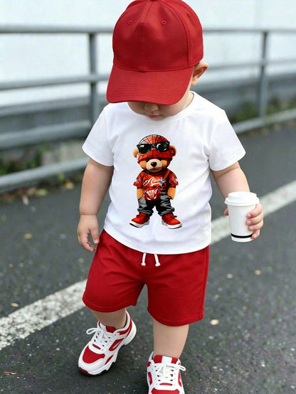 Baby Boy Cartoon Character Print Crew Neck Short Sleeve T-Shirt And Solid Color Shorts Casual Set