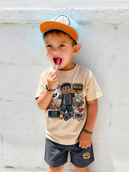 Baby Boy Cartoon Game Character Print Crew Neck T-Shirt And Shorts Set, Summer Fashion Comfortable New Style