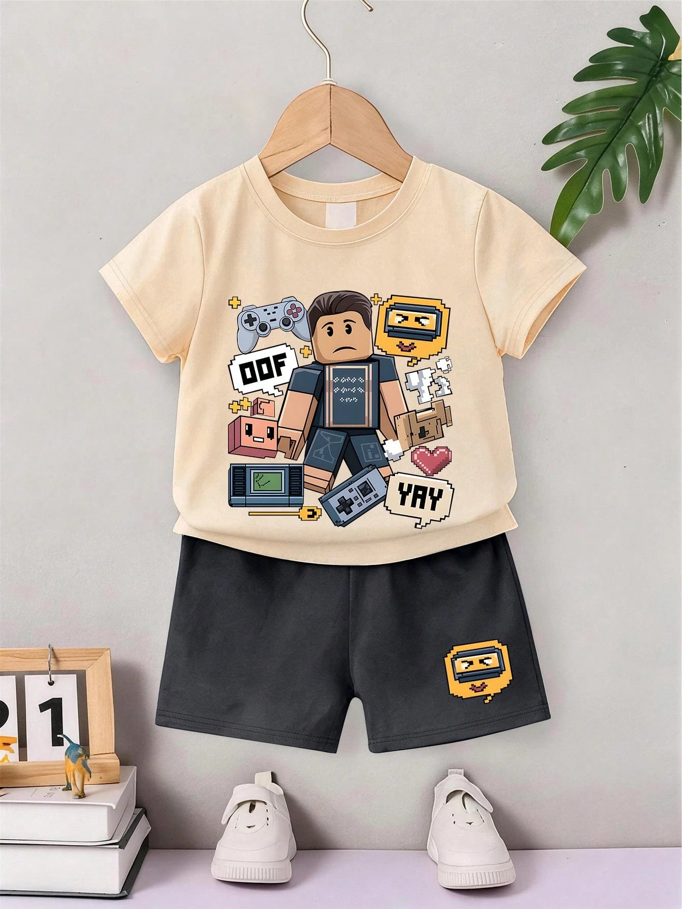 Baby Boy Cartoon Game Character Print Crew Neck T-Shirt And Shorts Set, Summer Fashion Comfortable New Style