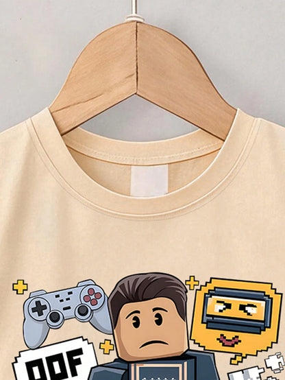 Baby Boy Cartoon Game Character Print Crew Neck T-Shirt And Shorts Set, Summer Fashion Comfortable New Style