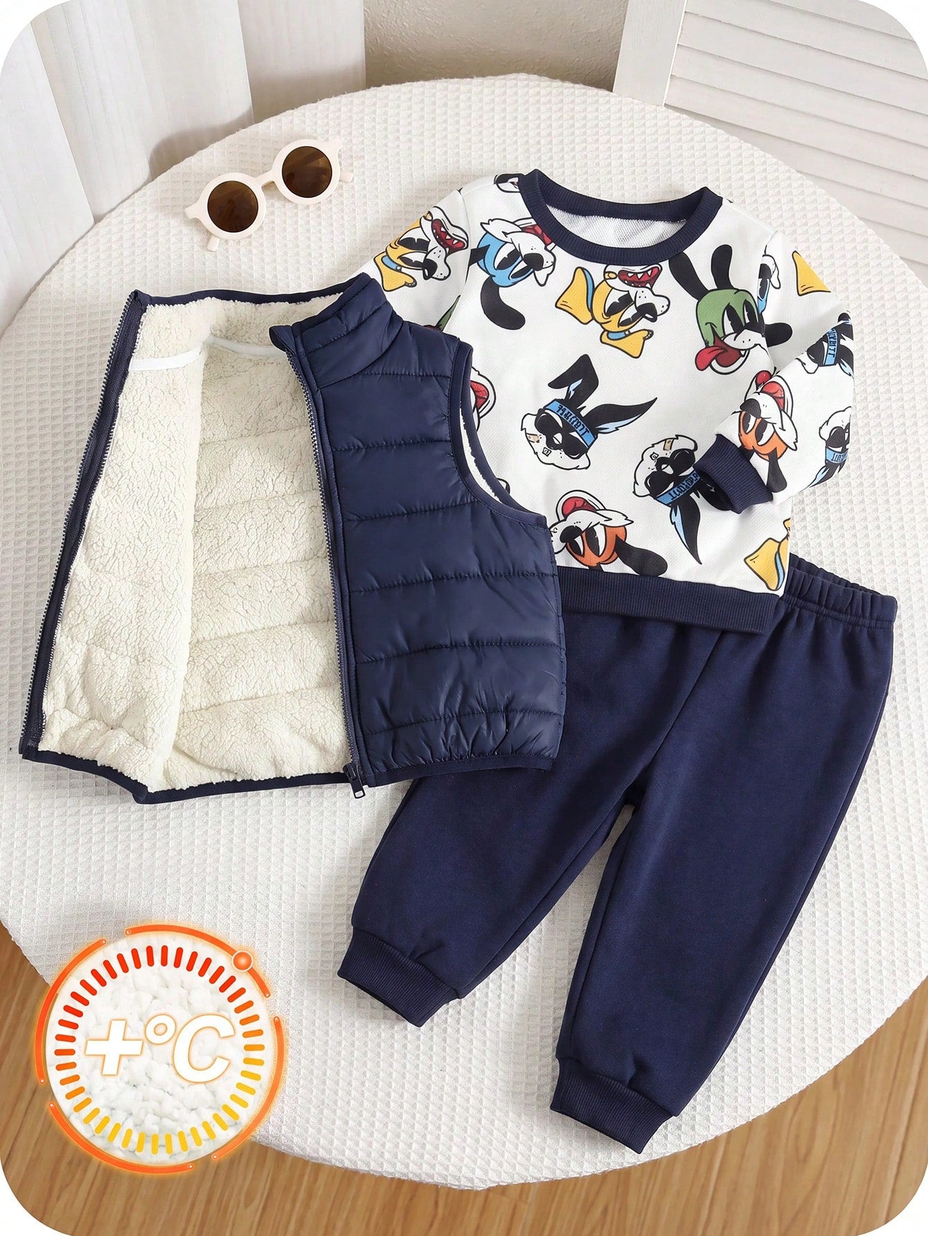 Baby Boy Cartoon Print Crew Neck Sweatshirt, Long Pants And Cotton Padded Vest 3-Piece Set