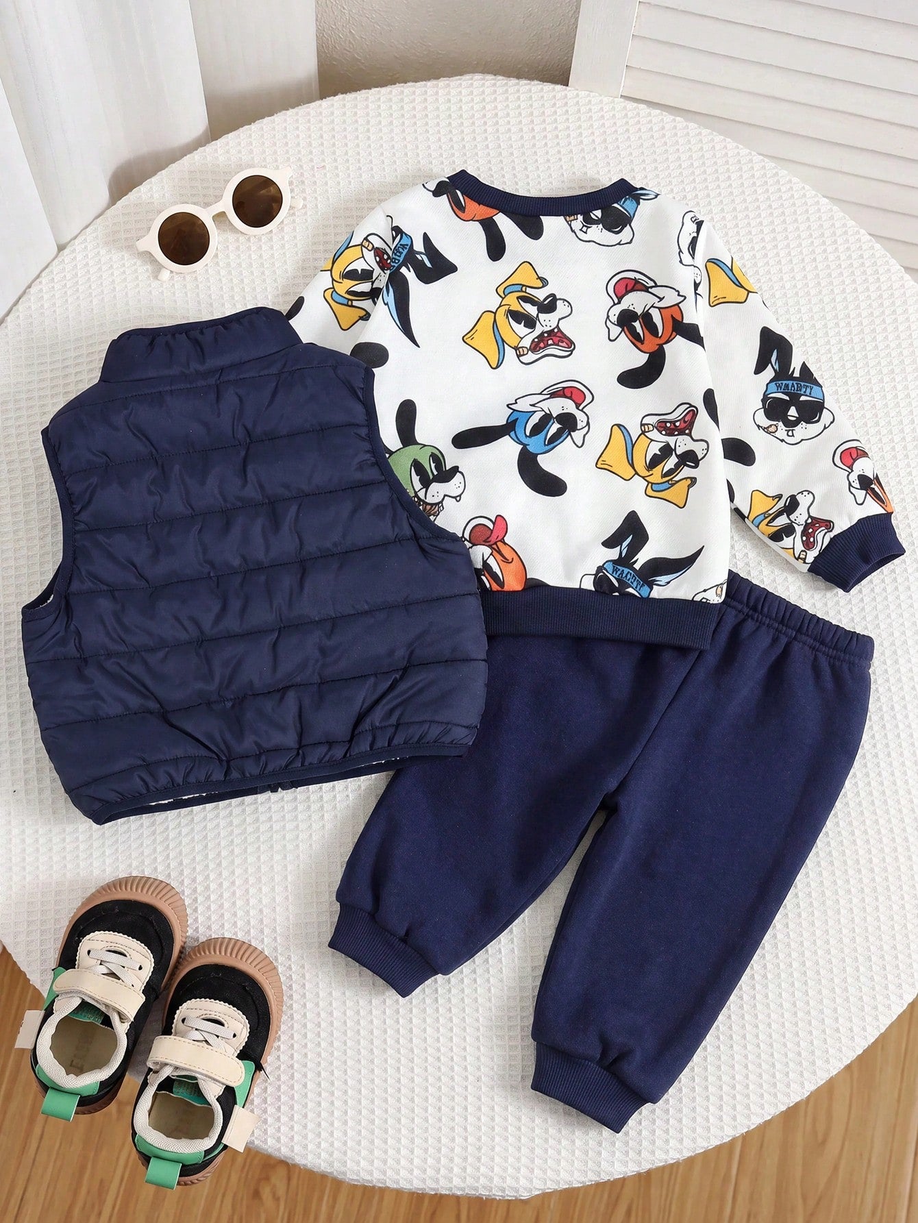 Baby Boy Cartoon Print Crew Neck Sweatshirt, Long Pants And Cotton Padded Vest 3-Piece Set