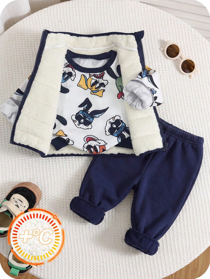 Baby Boy Cartoon Print Crew Neck Sweatshirt, Long Pants And Cotton Padded Vest 3-Piece Set