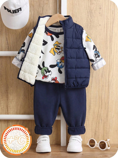Baby Boy Cartoon Print Crew Neck Sweatshirt, Long Pants And Cotton Padded Vest 3-Piece Set