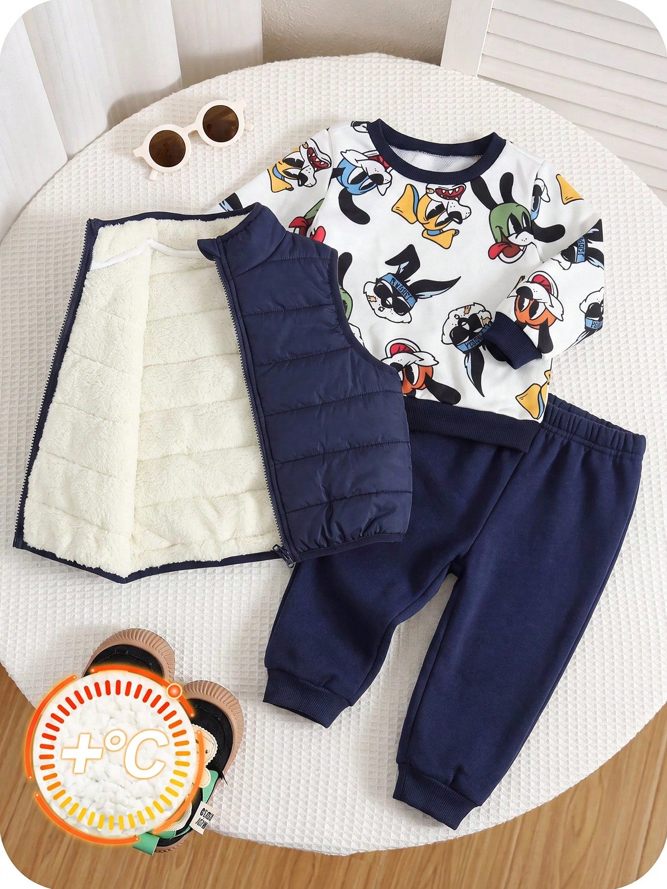 Baby Boy Cartoon Print Crew Neck Sweatshirt, Long Pants And Cotton Padded Vest 3-Piece Set