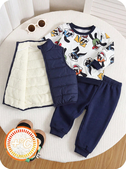 Baby Boy Cartoon Print Crew Neck Sweatshirt, Long Pants And Cotton Padded Vest 3-Piece Set