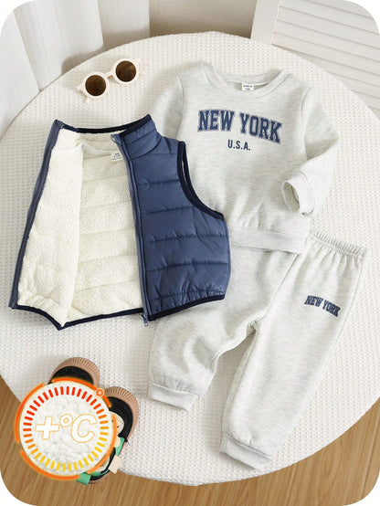 Baby Boy Cartoon Print Crew Neck Sweatshirt, Long Pants And Cotton Padded Vest 3-Piece Set